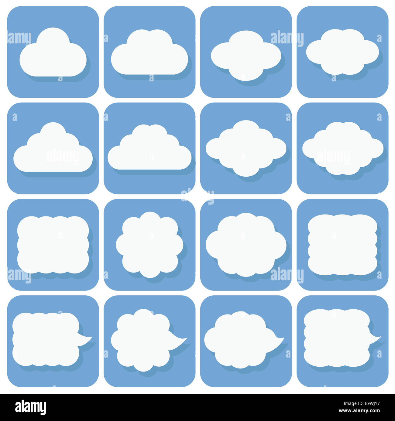 Vector icon set, la raccolta di icone di cloud, bianco su sfondo blu con blu scuro delle ombre Foto Stock