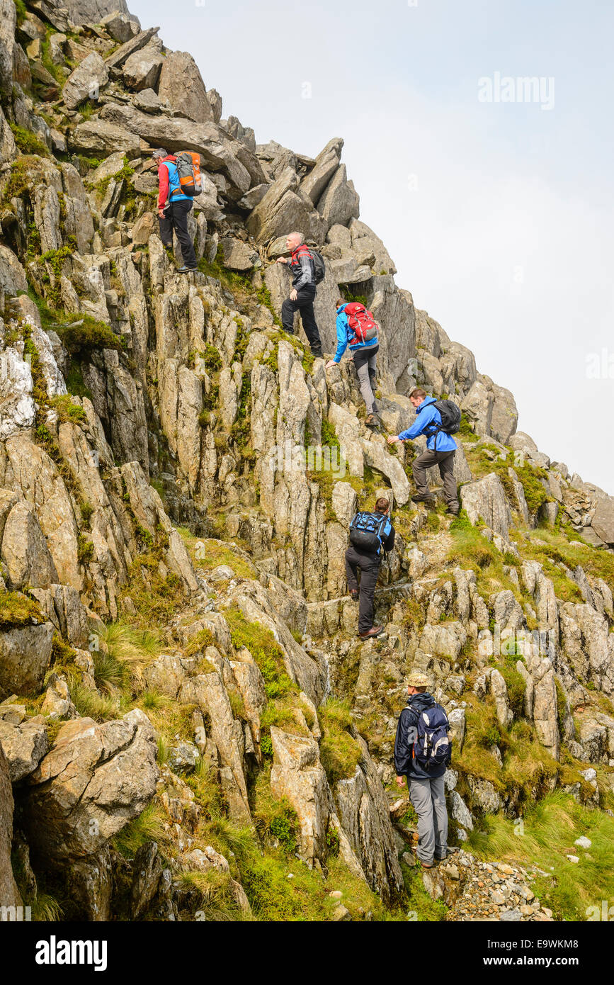 Scrambler sulla cresta di bristly Glyder Fach Snowdonia nel Galles Foto Stock