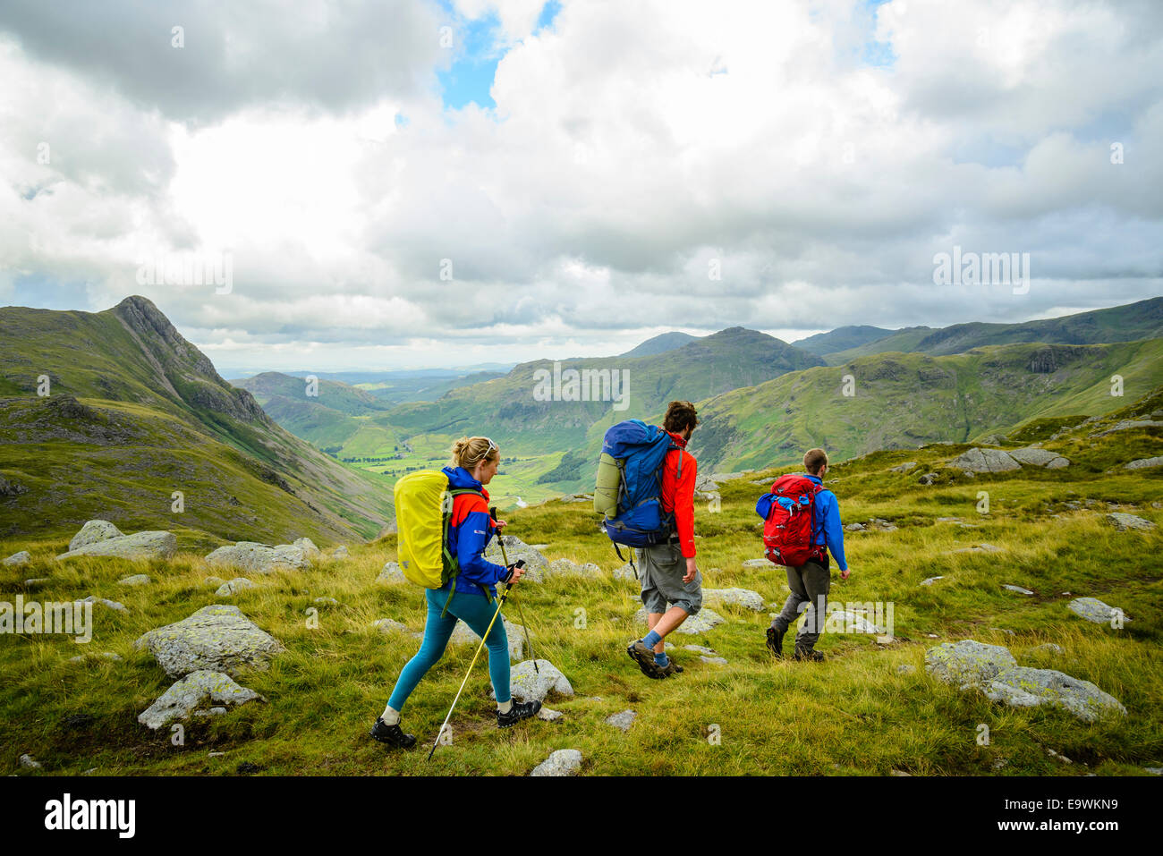 Al di sopra degli scuotipaglia grande Langdale nel distretto del lago con il luccio o'Stickle sulla sinistra Foto Stock