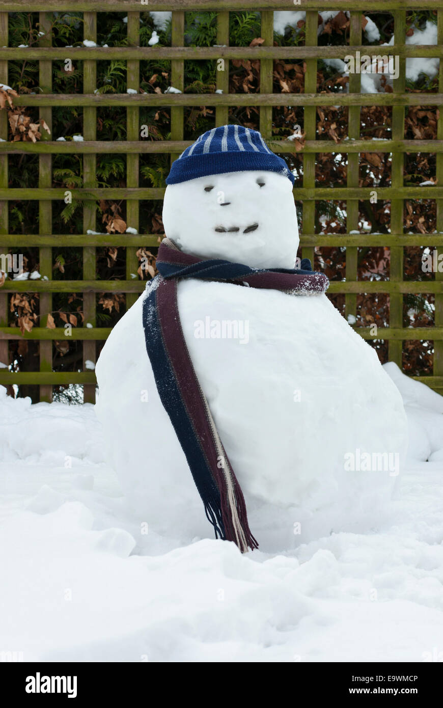 Felice pupazzo di neve con wooly hat e sciarpa.. Foto Stock