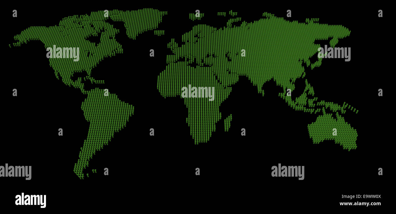 Un CAD il rendering del mondo, mappa di rilievo, perni, sollevato, 3D su sfondo nero Foto Stock