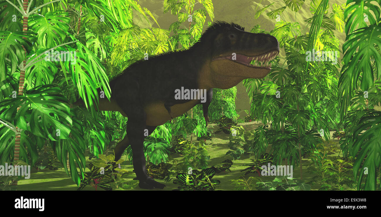 Spesso il fogliame della giungla nasconde una grande Tyrannosaurus Rex dinosauro come egli la caccia di prede. Foto Stock
