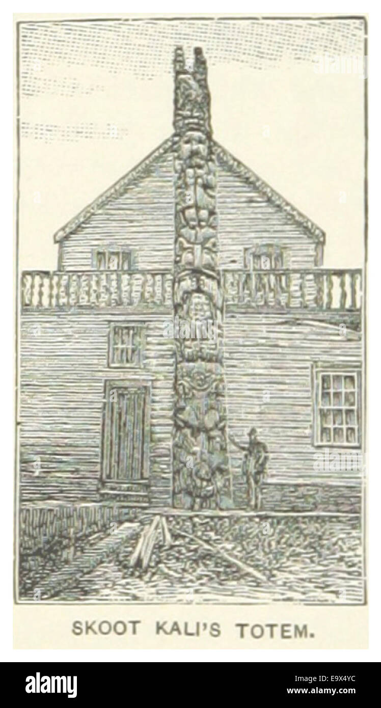 Questa illustrazione del 1891 raffigura un totem associato a Skoot Kali, una figura indigena o divinità dell'Alaska. Le opere d'arte catturano il significato culturale e spirituale dei pali totemici per le comunità native dell'Alaska. Foto Stock