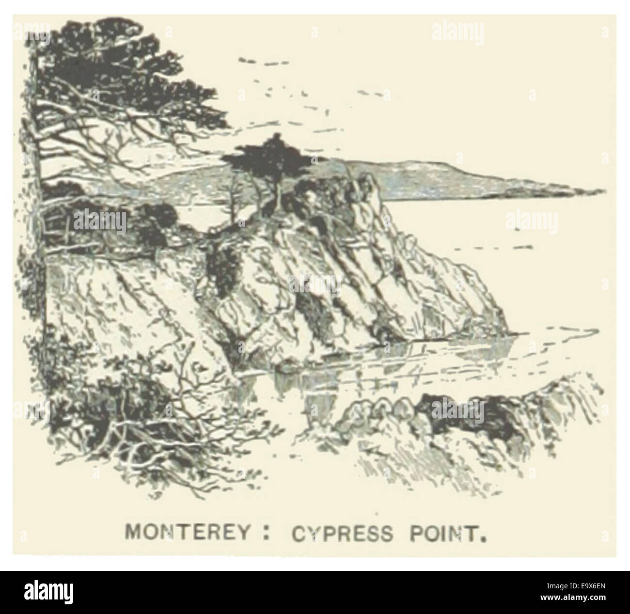 Questa illustrazione del 1891 raffigura Cypress Point di Monterey, un'area panoramica conosciuta per la sua bellezza naturale e il suo significato storico lungo la costa della California. Foto Stock
