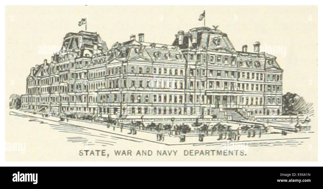 Questa illustrazione del 1891 raffigura gli edifici governativi che ospitano i dipartimenti di Stato, Guerra e Marina a Washington, D.C. mette in evidenza lo stile architettonico e il significato di questi edifici federali alla fine del XIX secolo. Foto Stock