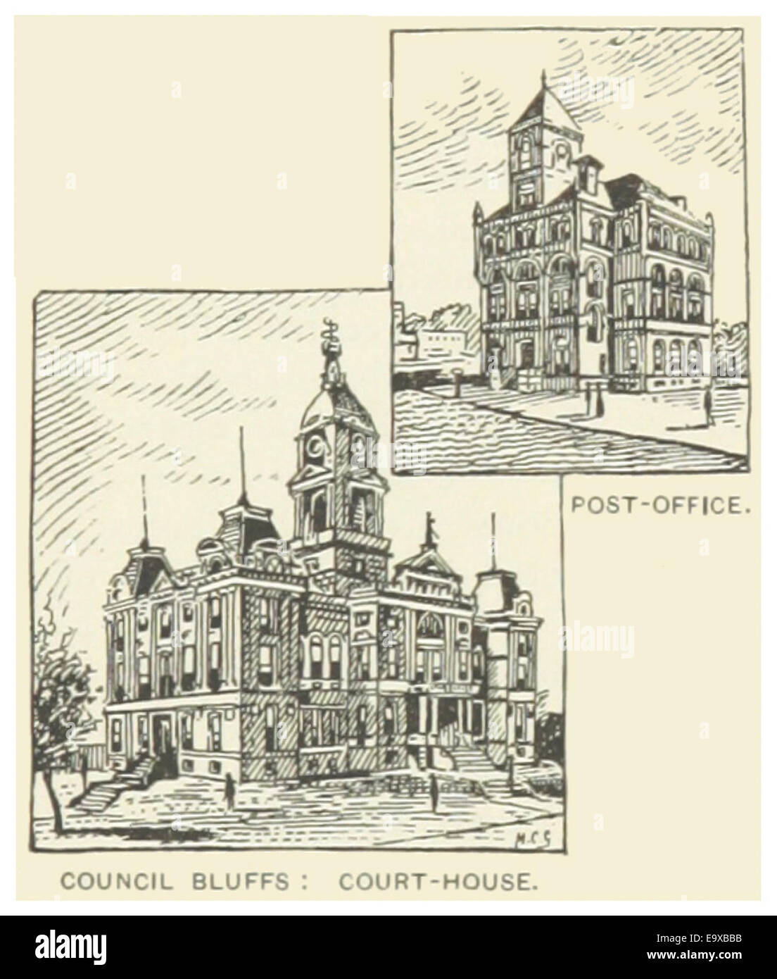 Un'illustrazione del 1891 di Council Bluffs, Iowa, raffigurante il paesaggio della città e le caratteristiche chiave come apparvero durante la fine del XIX secolo. L'immagine fornisce uno sguardo sul ruolo della città nell'espansione verso ovest e il suo sviluppo urbano. Foto Stock