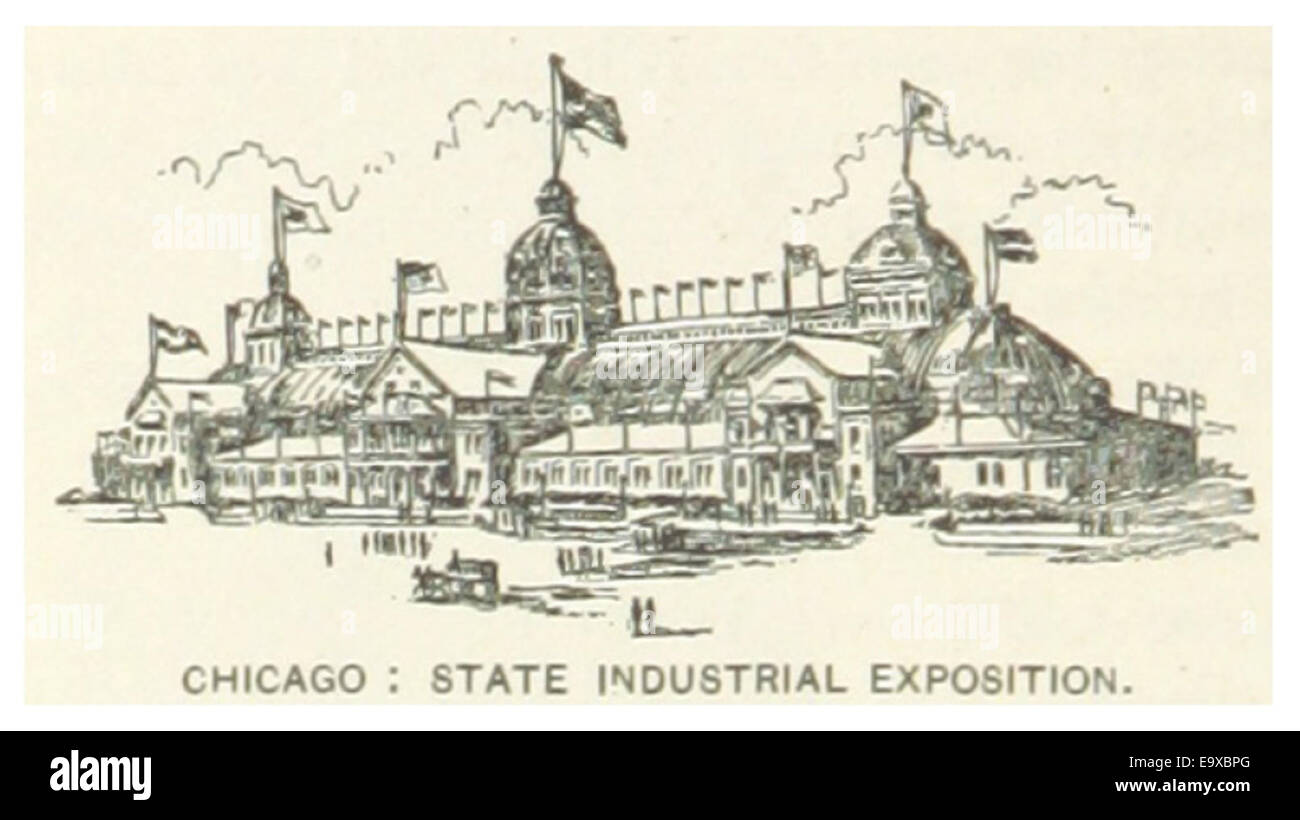 Questa illustrazione del 1891 raffigura l'esposizione industriale statale di Chicago, evidenziando le principali industrie dell'epoca e il ruolo dell'evento nella presentazione dei progressi tecnologici e industriali. Foto Stock