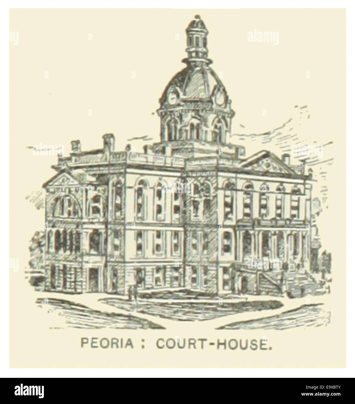 Pagina 215 della pubblicazione statunitense del 1891 copre il tribunale di Peoria in Illinois, mostrando il suo significato storico e le sue caratteristiche architettoniche. Foto Stock