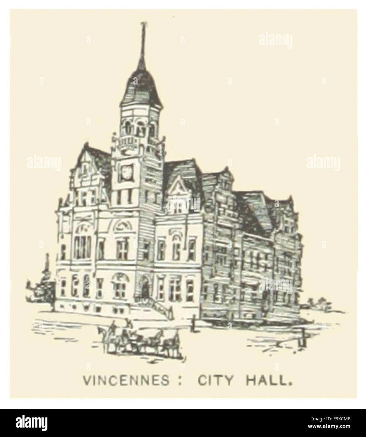 Un'illustrazione del Municipio di Vincennes in Indiana, del 1891. L'immagine fornisce uno sguardo sullo stile architettonico degli edifici civici della fine del XIX secolo, mostrando la struttura prominente nel quartiere storico della città. Foto Stock