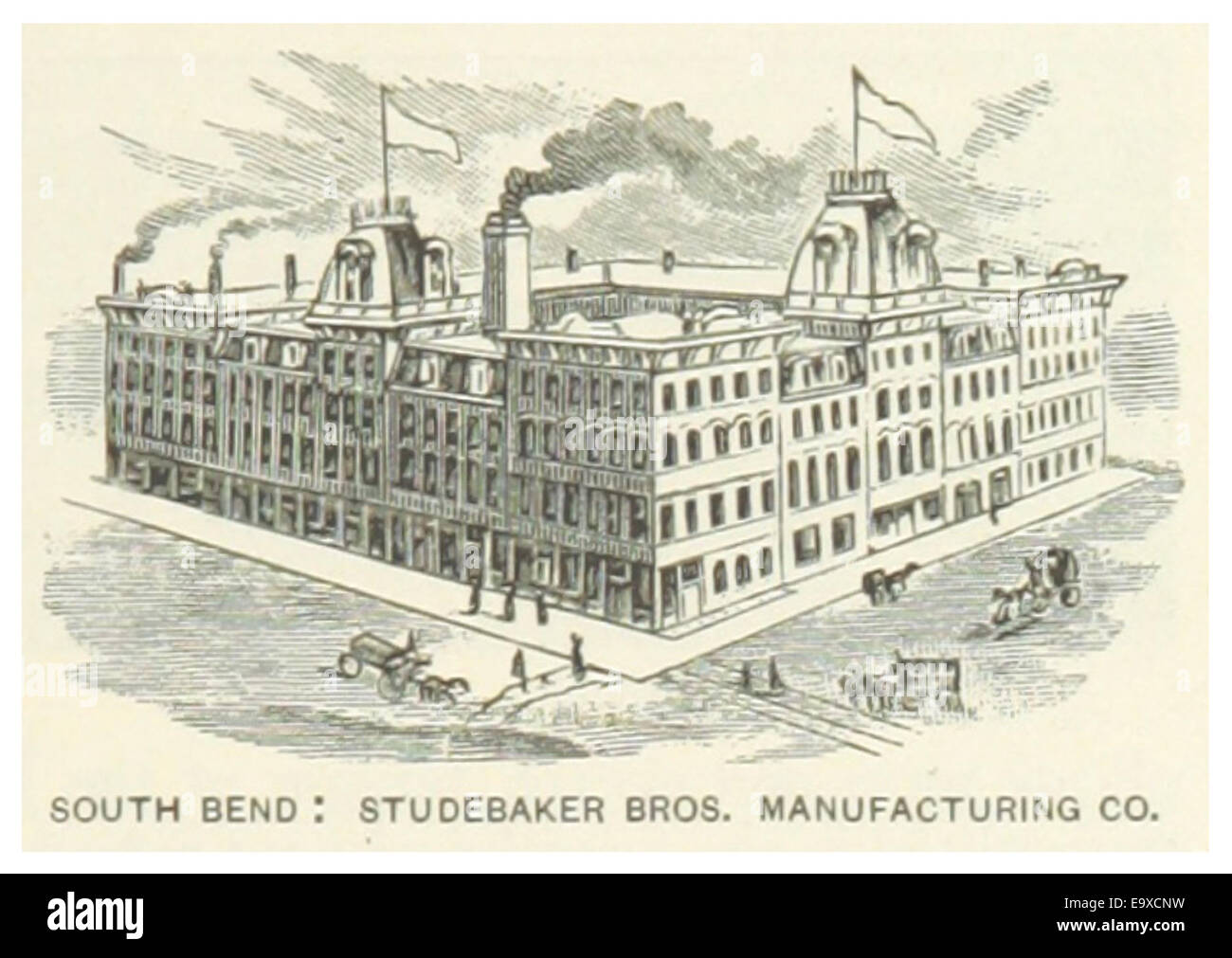 Una rappresentazione del 1891 della costruzione dell'edificio della Studebaker Brothers Manufacturing Company a South Bend, Indiana, un momento chiave nella storia industriale. Foto Stock