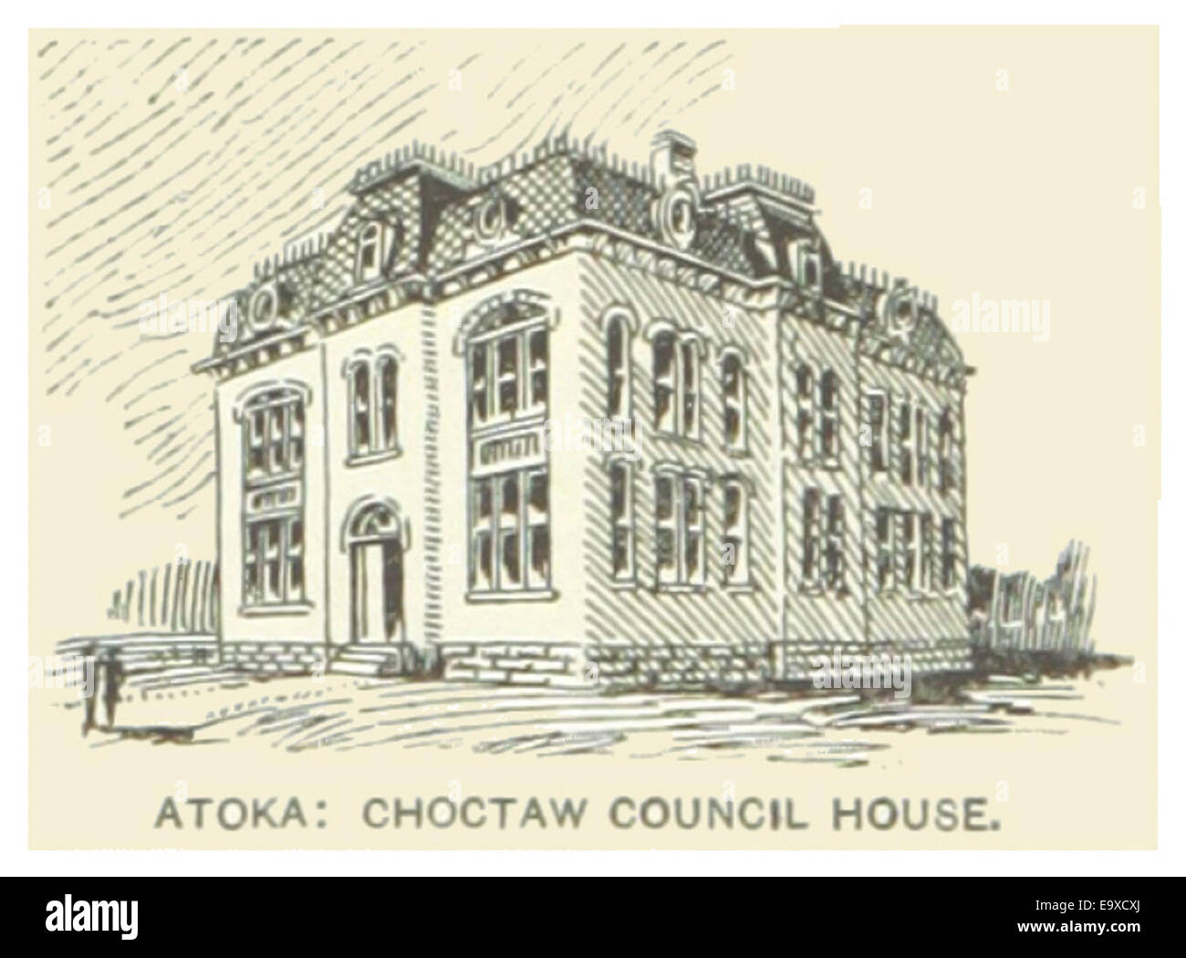Questa illustrazione del 1891 raffigura la Casa del Consiglio Choctaw ad Atoka, situata nel territorio indiano. La sede del consiglio fu un importante centro politico e culturale per la nazione Choctaw, specialmente alla fine del XIX secolo. Foto Stock