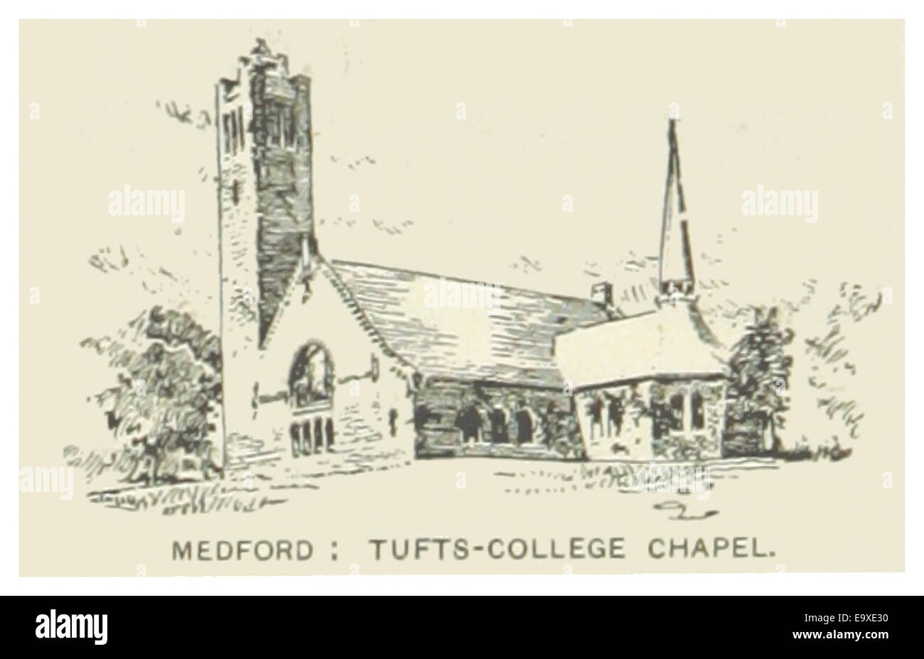 Un disegno del 1891 della Tufts College Chapel a Medford, Massachusetts. Lo schizzo offre una vista del design della cappella e del suo posto all'interno della storia architettonica e culturale della regione. Foto Stock