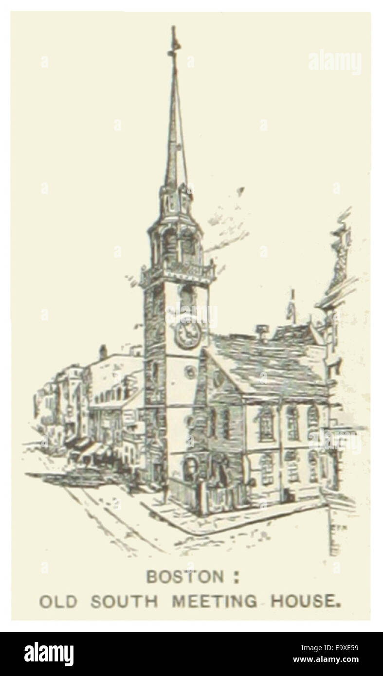 Questa illustrazione del 1891 mostra la Old South Meeting House di Boston, un edificio iconico che ha giocato un ruolo chiave nella storia americana, in particolare durante la Rivoluzione americana. La struttura è raffigurata come si trovava all'inizio del secolo. Foto Stock