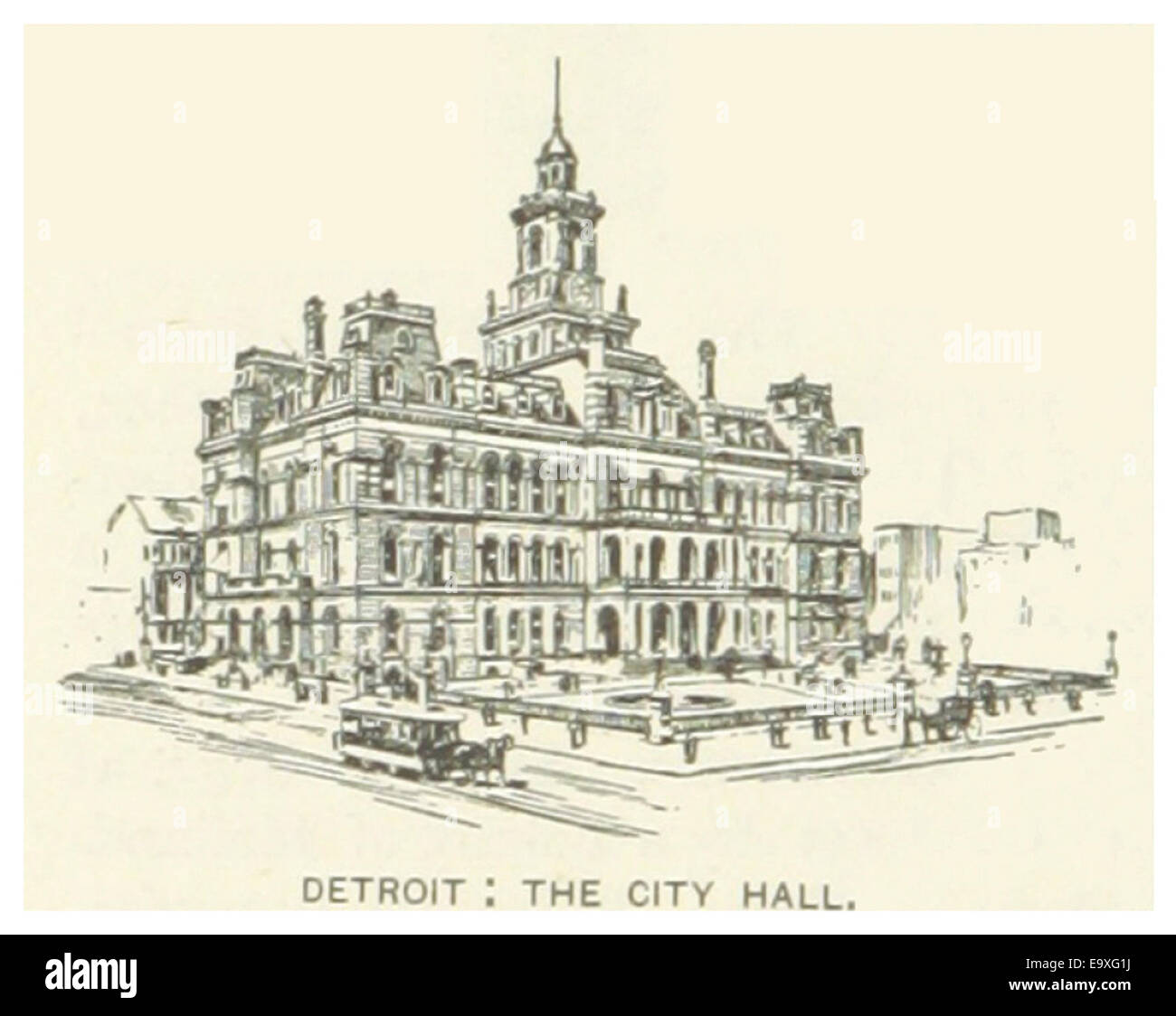 Questo schizzo del 1891 illustra il municipio di Detroit, evidenziandone le caratteristiche architettoniche e l'importanza come centro politico della città. Foto Stock