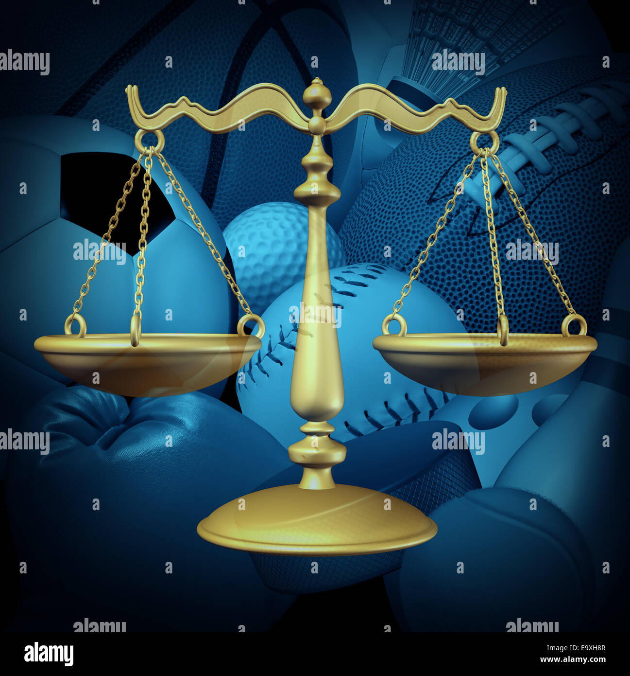 Diritto dello sport concetto con attrezzature sportive e un legel scala di giustizia simbolo come un icona per amatori e professionisti dello sport controversia contrattuale o atleta procedure arbitrali di Baseball Basket Football Soccer e hockey per il settore sportivo. Foto Stock