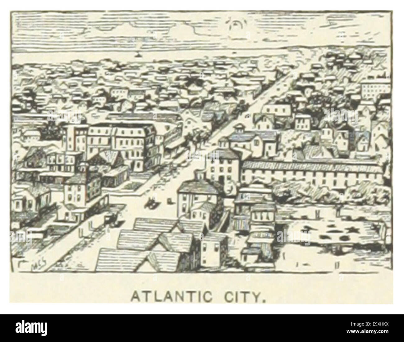 Questa illustrazione del 1891 di Atlantic City, New Jersey, cattura i primi giorni della città di villeggiatura, mettendo in evidenza la spiaggia, il lungomare e la cultura del tempo libero dei primi anni del XX secolo. Foto Stock