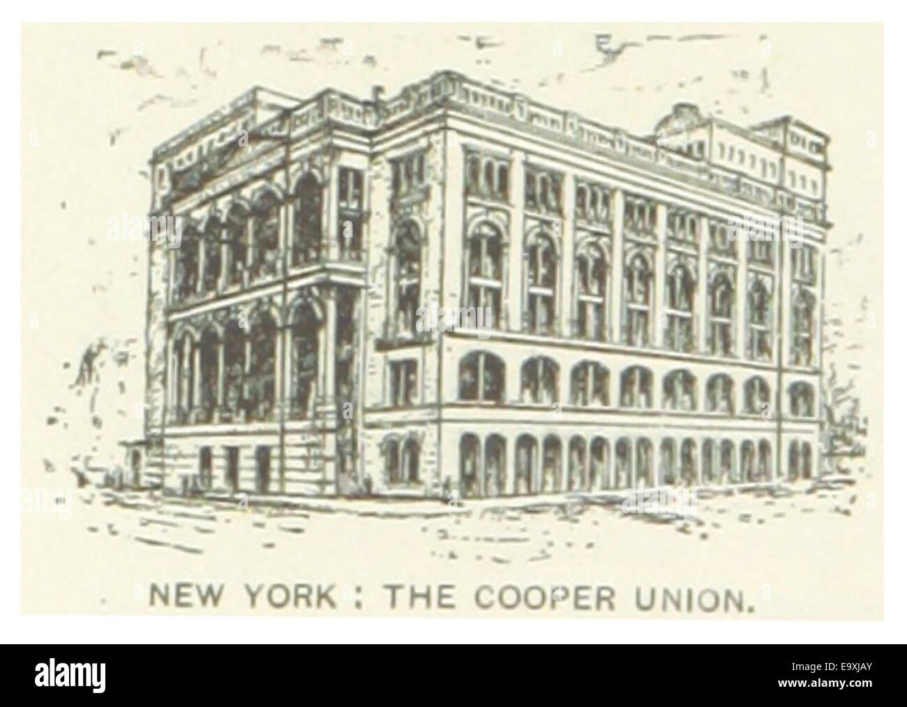 Questa illustrazione del 1891 cattura la Cooper Union, un importante edificio di New York noto per il suo significato architettonico e il ruolo nell'educazione e negli eventi politici. L'opera mette in evidenza il design della struttura e la sua importanza per la storia della città. Foto Stock