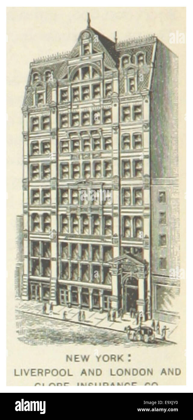 Un'illustrazione del 1891 di New York che mostra la Liverpool & London Globe Insurance Company, che descrive la sua posizione e importanza come attore chiave nel settore assicurativo durante la fine del XIX secolo. Foto Stock