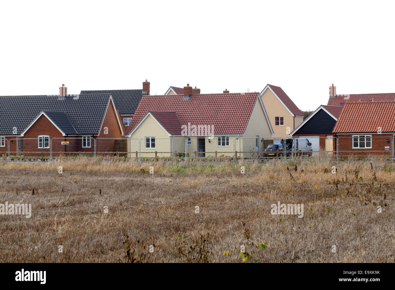 Nuovo alloggiamento. Espansione in 'Verde'. Norfolk. East Anglia. In Inghilterra. Regno Unito. 2014. Foto Stock