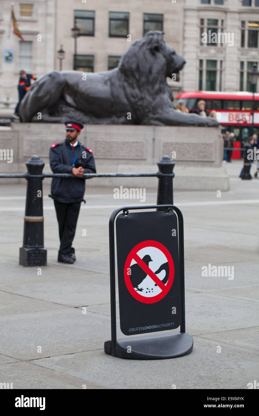 Trafalgar Square. Londra. In Inghilterra. Segno signifing no, per alimentare i piccioni selvatici (Columba livia domest). Un 'Landseer Lion' zoccolo. Foto Stock