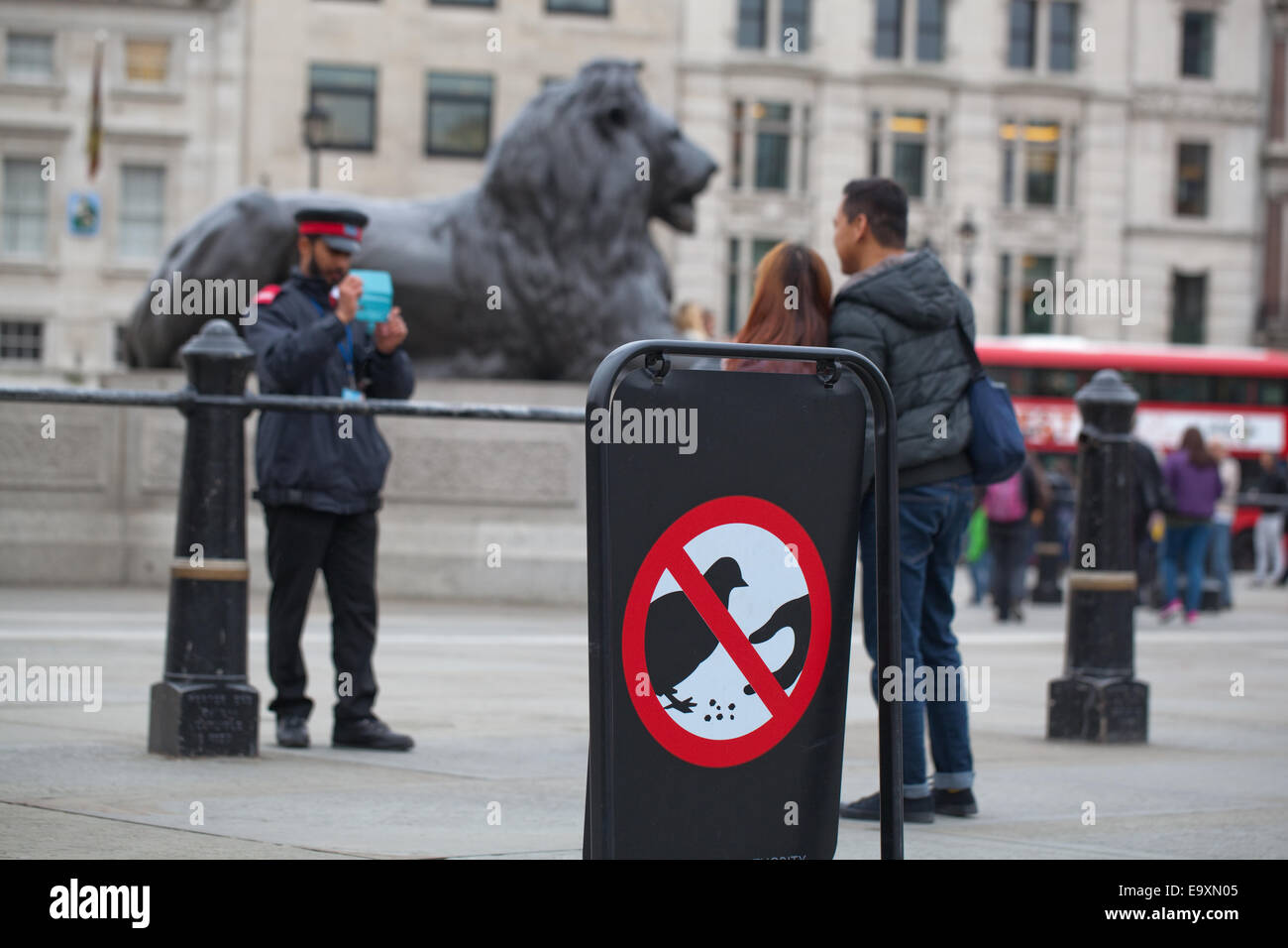 Trafalgar Square. Londra. In Inghilterra. Segno indicante il no, per alimentare i piccioni selvatici (Columba livia domest)."Landseer Lion' su pllnth Foto Stock