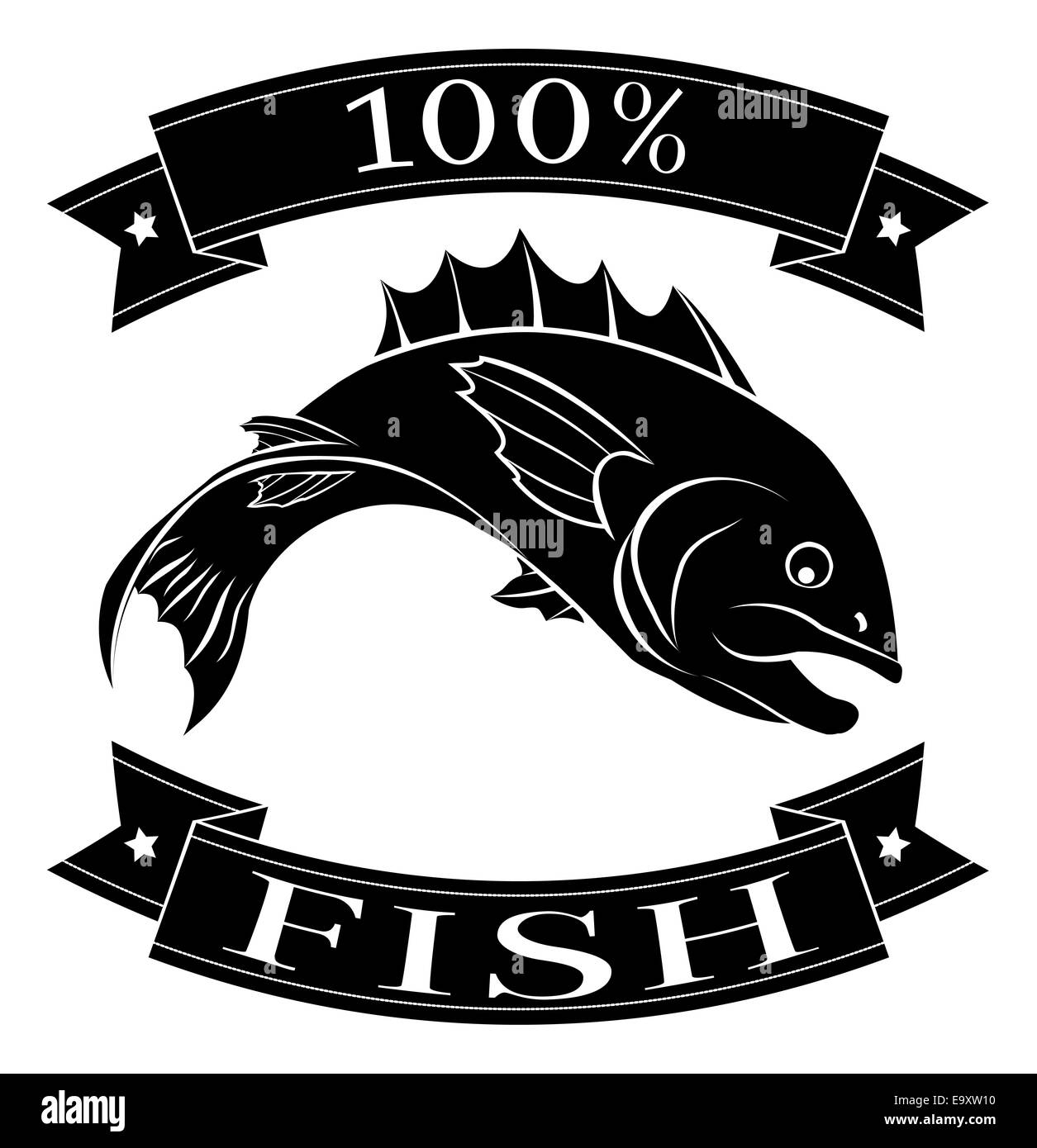 Pesce 100 percento di etichetta con il pesce e la lettura di 100 percento di pesce Foto Stock