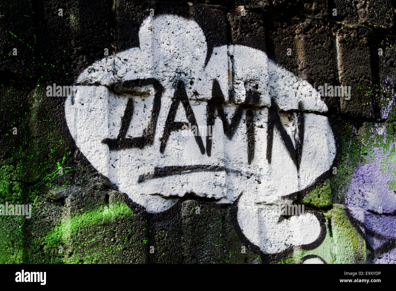 Damn graffiti del muro di Berlino in discorso bolla dark Foto Stock