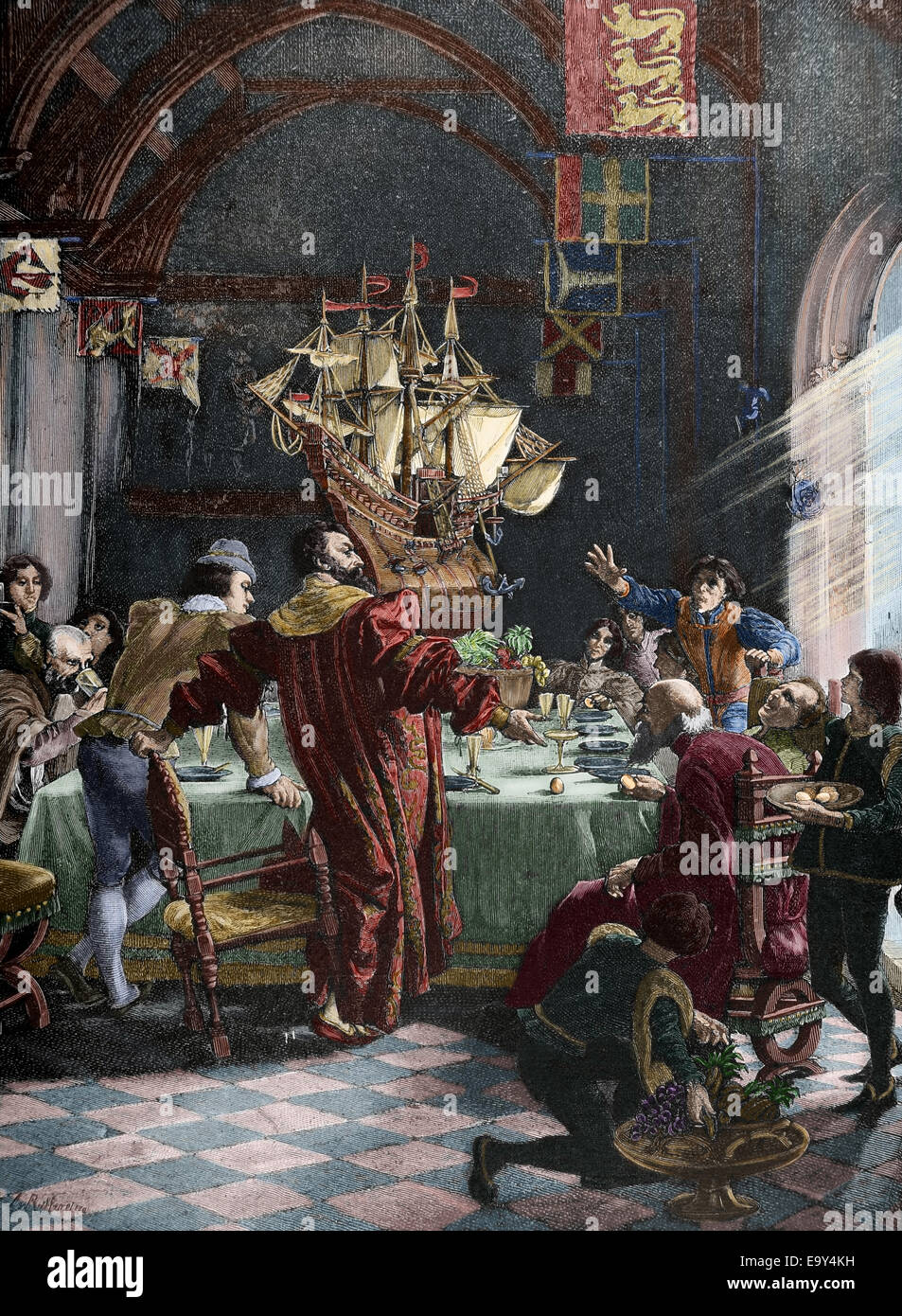 Cristoforo Colombo (1451-1506). Explorer e navigatore genovese. Uovo di Colombo. Incisione. Foto Stock