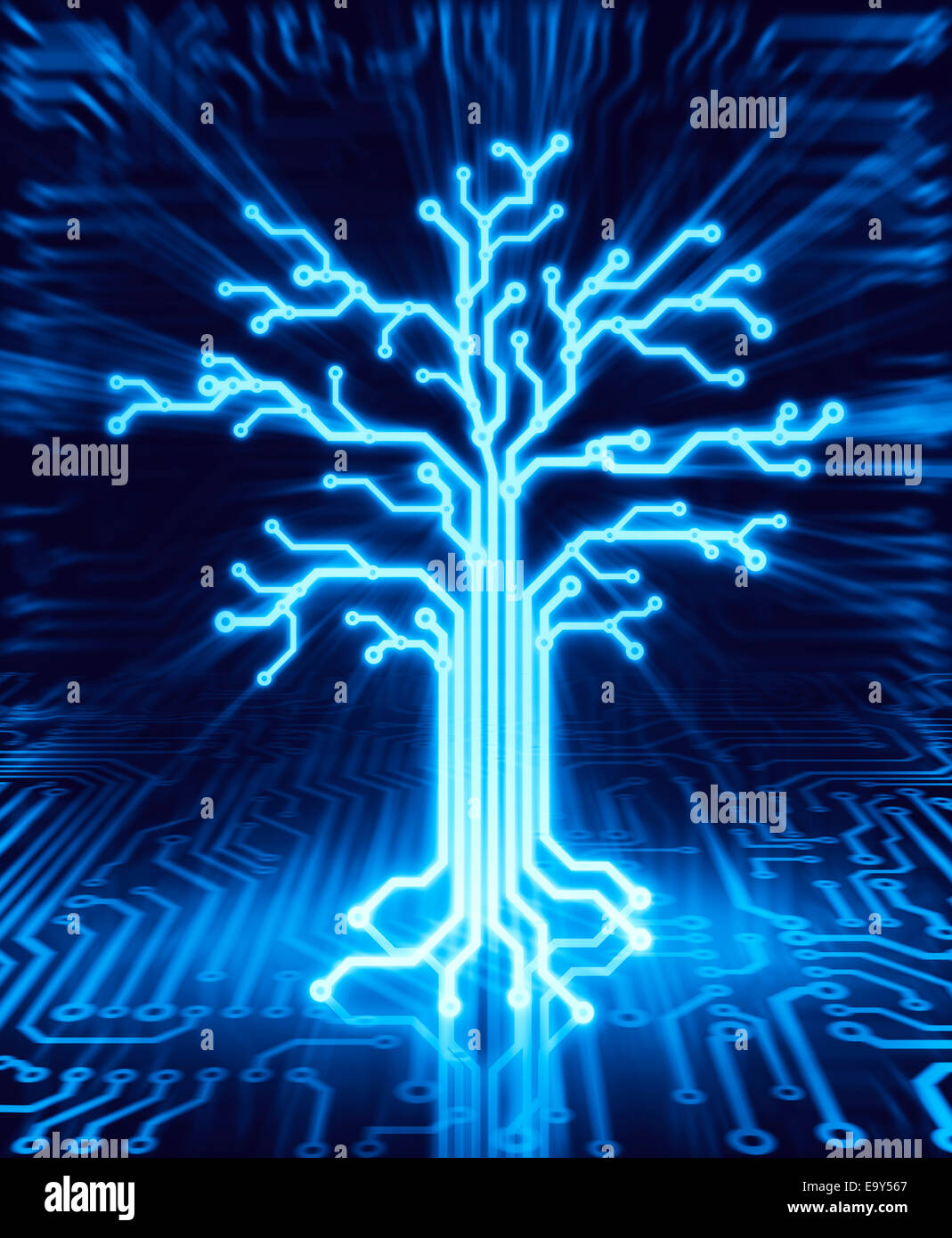 Incandescente struttura digitale su scheda a circuito stampato, illustrazione concettuale che blu su sfondo nero Foto Stock