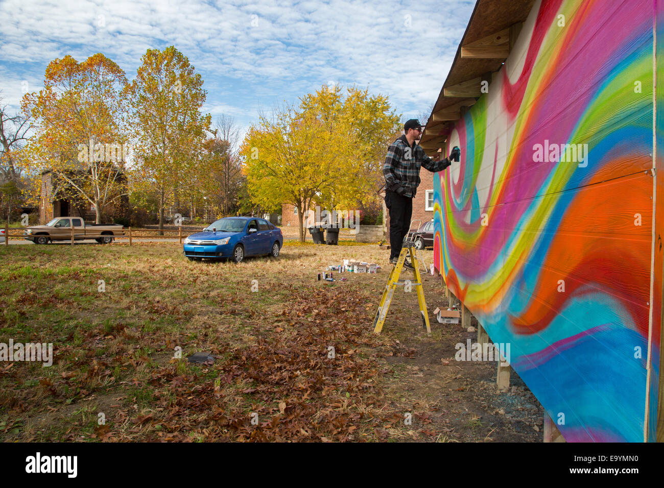 Detroit, Michigan - artista di strada a lavorare come un blocco club sviluppa vacante in lotti in un parco di quartiere. Foto Stock