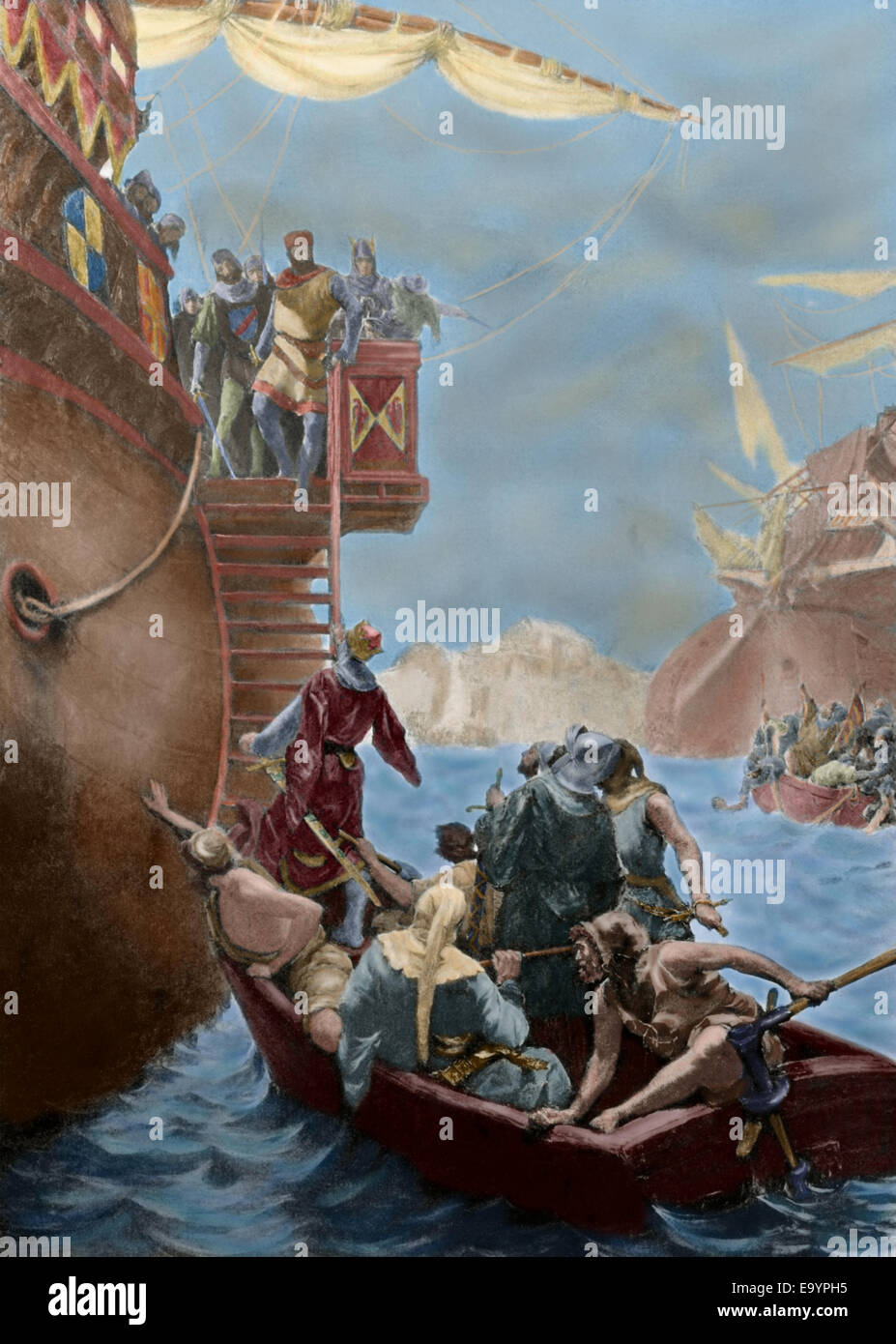 Ruggero di Lauria (1245-1305), Sicilian-Aragonese admiral, riceve il figlio di Carlo di Angiò come un prigioniero. Incisione. Colorati. Foto Stock