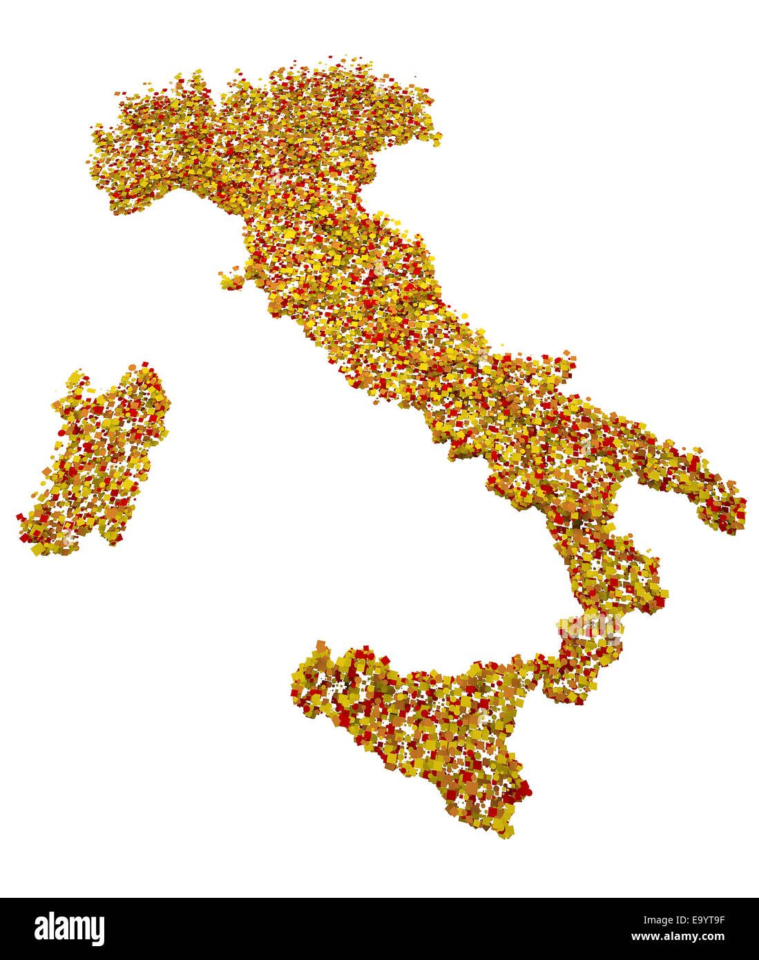 Mappa di Italia dal rosso e punti d'oro su sfondo bianco Foto Stock