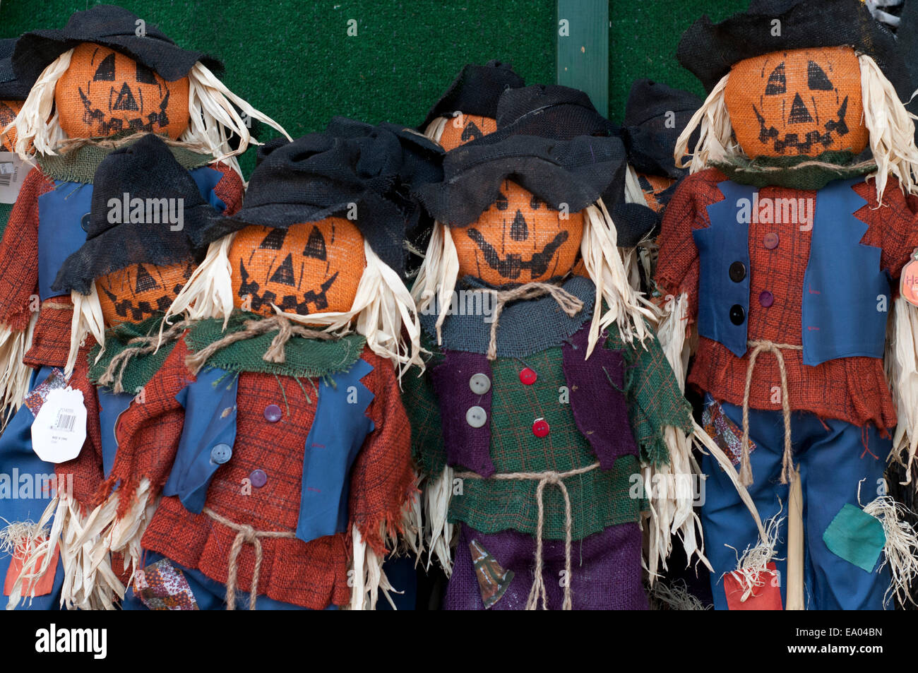Lo Spaventapasseri è visualizzato durante un Halloween, festival di zucca. Una ragazza strega bambola realizzata per la festa di Halloween la strega è circondato b Foto Stock