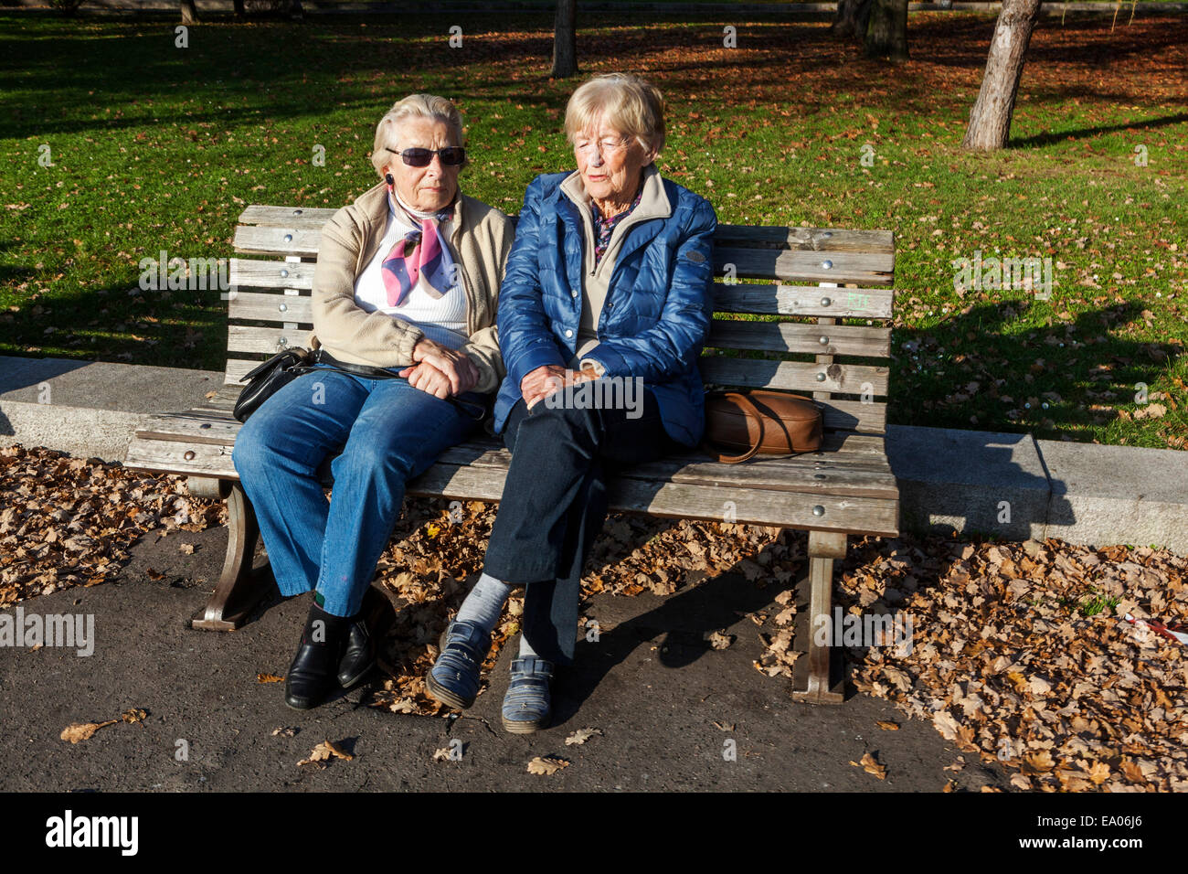 Una panchina per anziani, il resto delle donne pensionate sulla panchina nel parco della Repubblica Ceca le donne anziane, gli anziani su una panchina gli anziani cechi Foto Stock