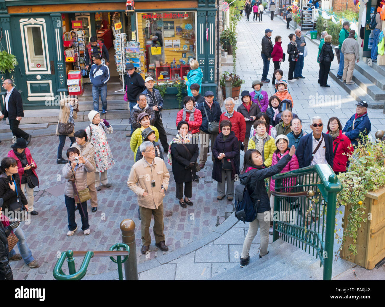 Una guida turistica con un gruppo di turisti asiatici Vecchia Quebec City, Quebec, Canada Foto Stock