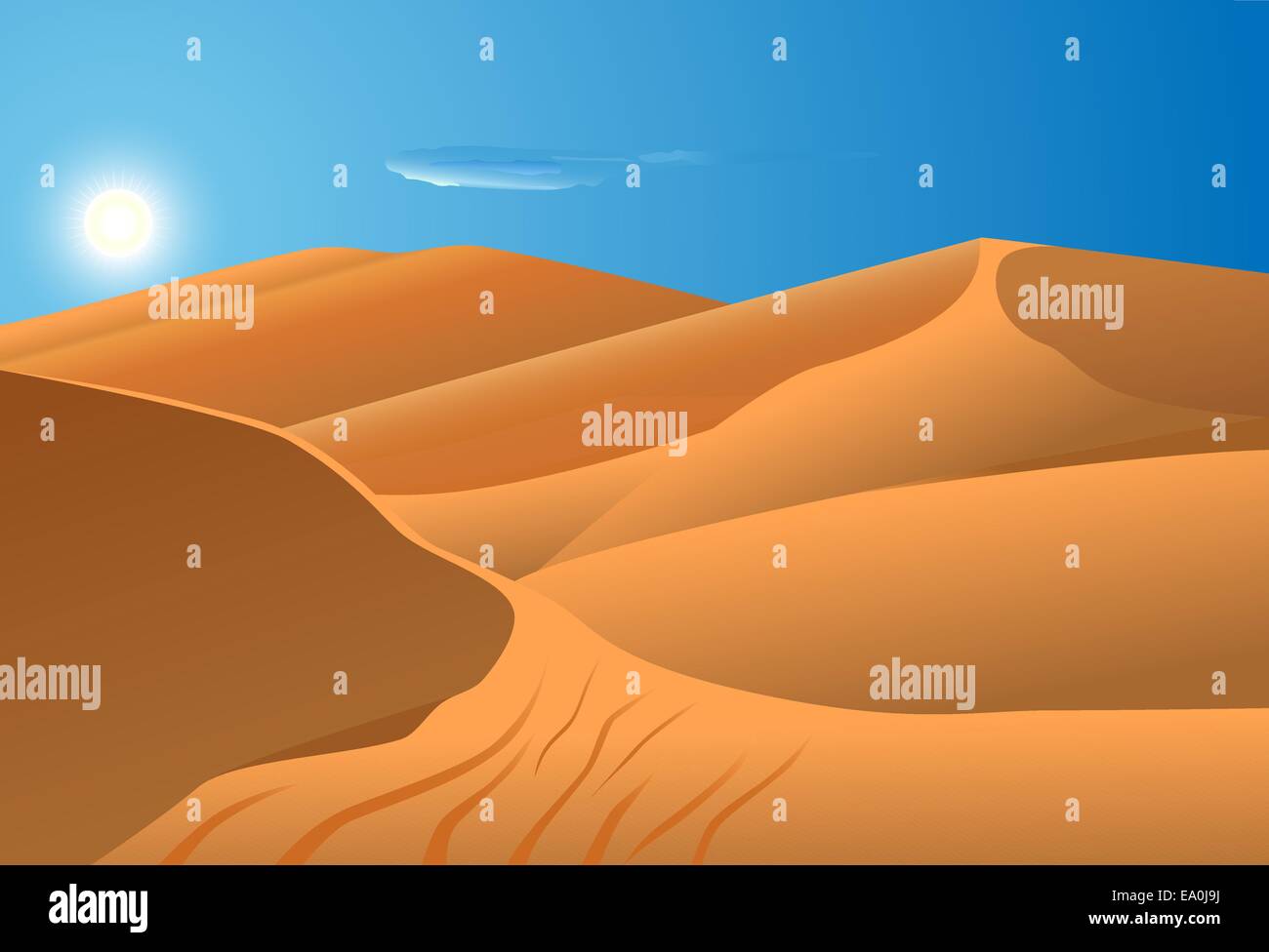 Illustrazione vettoriale di dune del deserto con cielo azzurro e sole in background Illustrazione Vettoriale