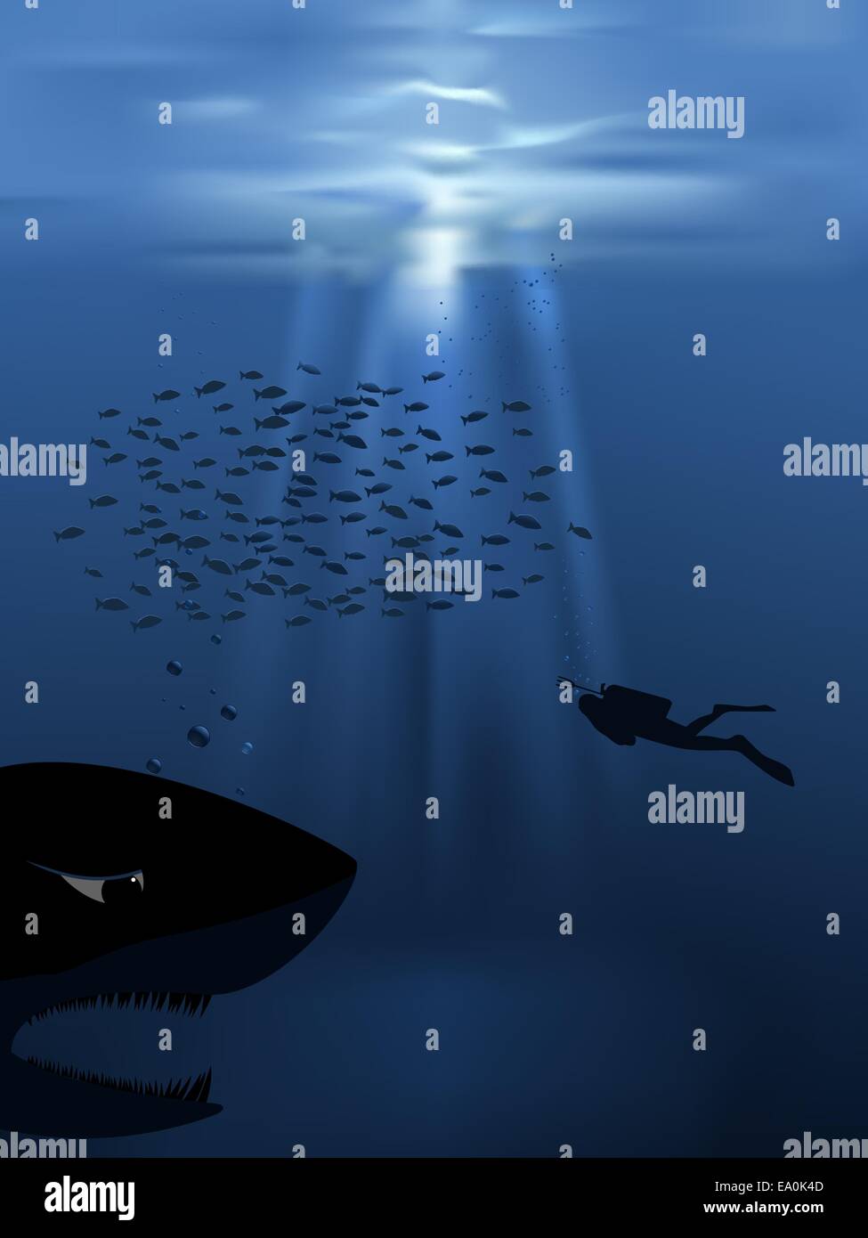 Vettore scena concettuale con scuba diver pesci e squali Illustrazione Vettoriale