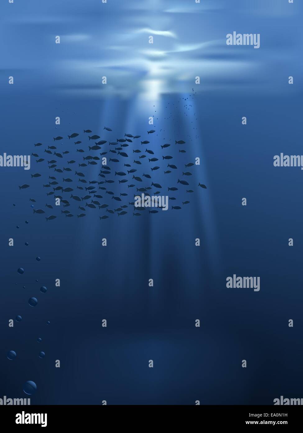 Vector scena subacquea con pesci e fasci di luce, eps 8 file, nessuna trasparenza utilizzato Illustrazione Vettoriale