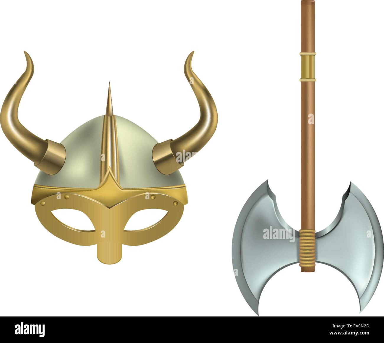 Illustrazione vettoriale di viking casco e ax su sfondo bianco Illustrazione Vettoriale