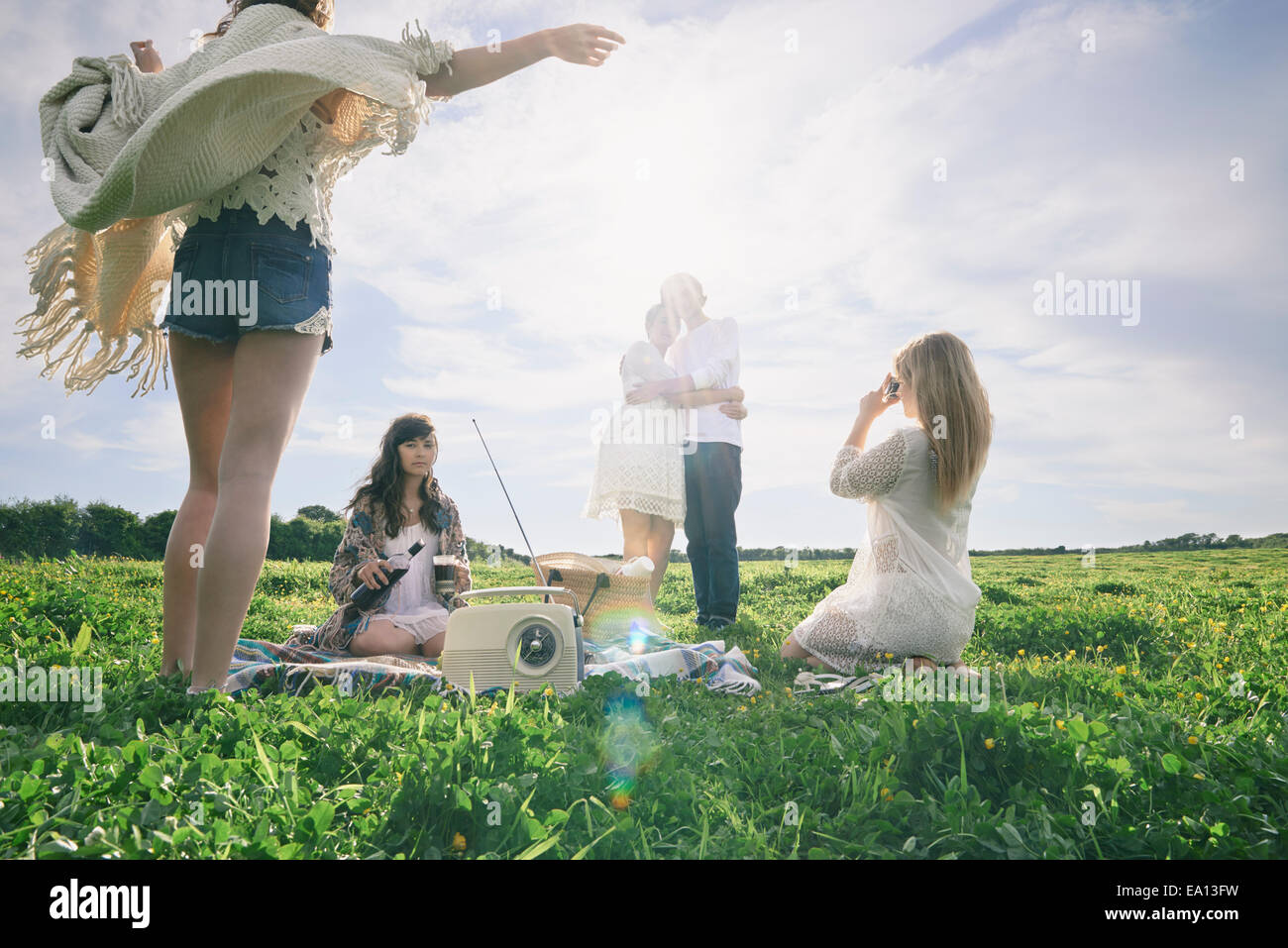Cinque giovani amici adulti aventi un picnic nel campo Foto Stock