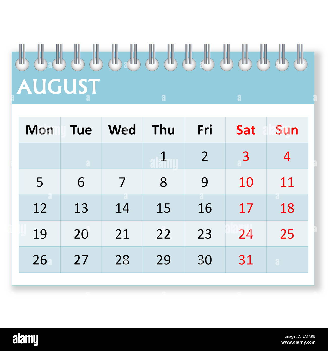 Foglio di calendario per il mese di agosto Foto Stock