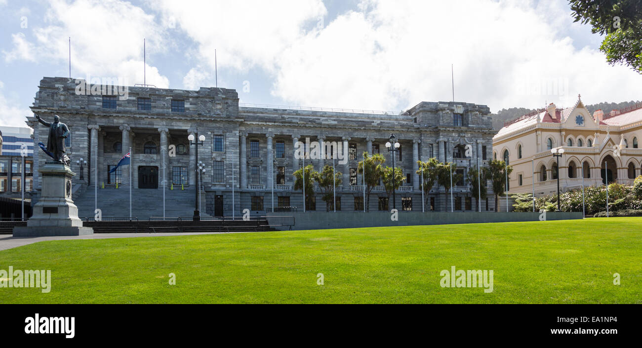 Wellington agli edifici del Parlamento NZ Foto Stock