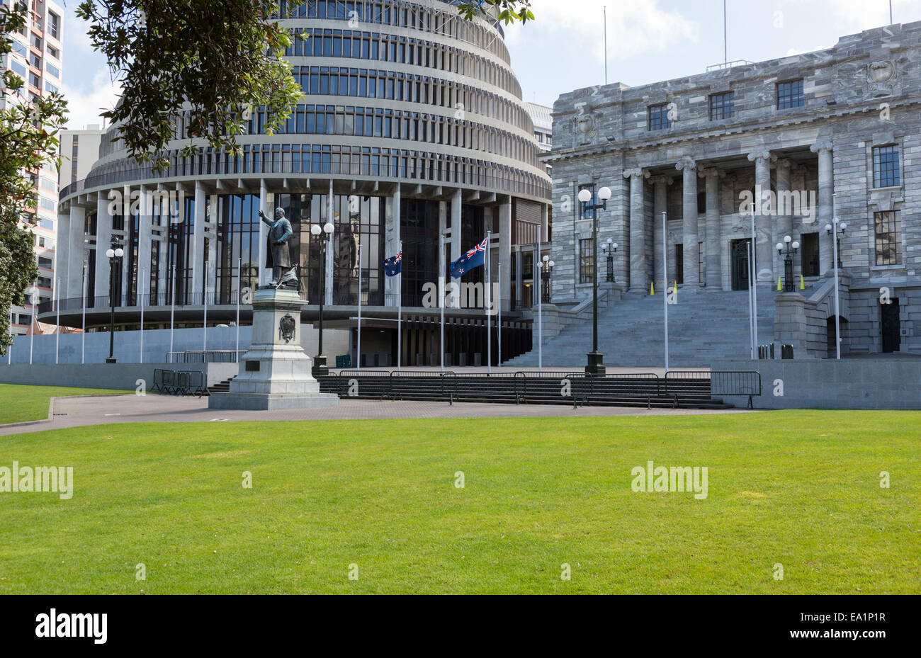 Wellington agli edifici del Parlamento NZ Foto Stock