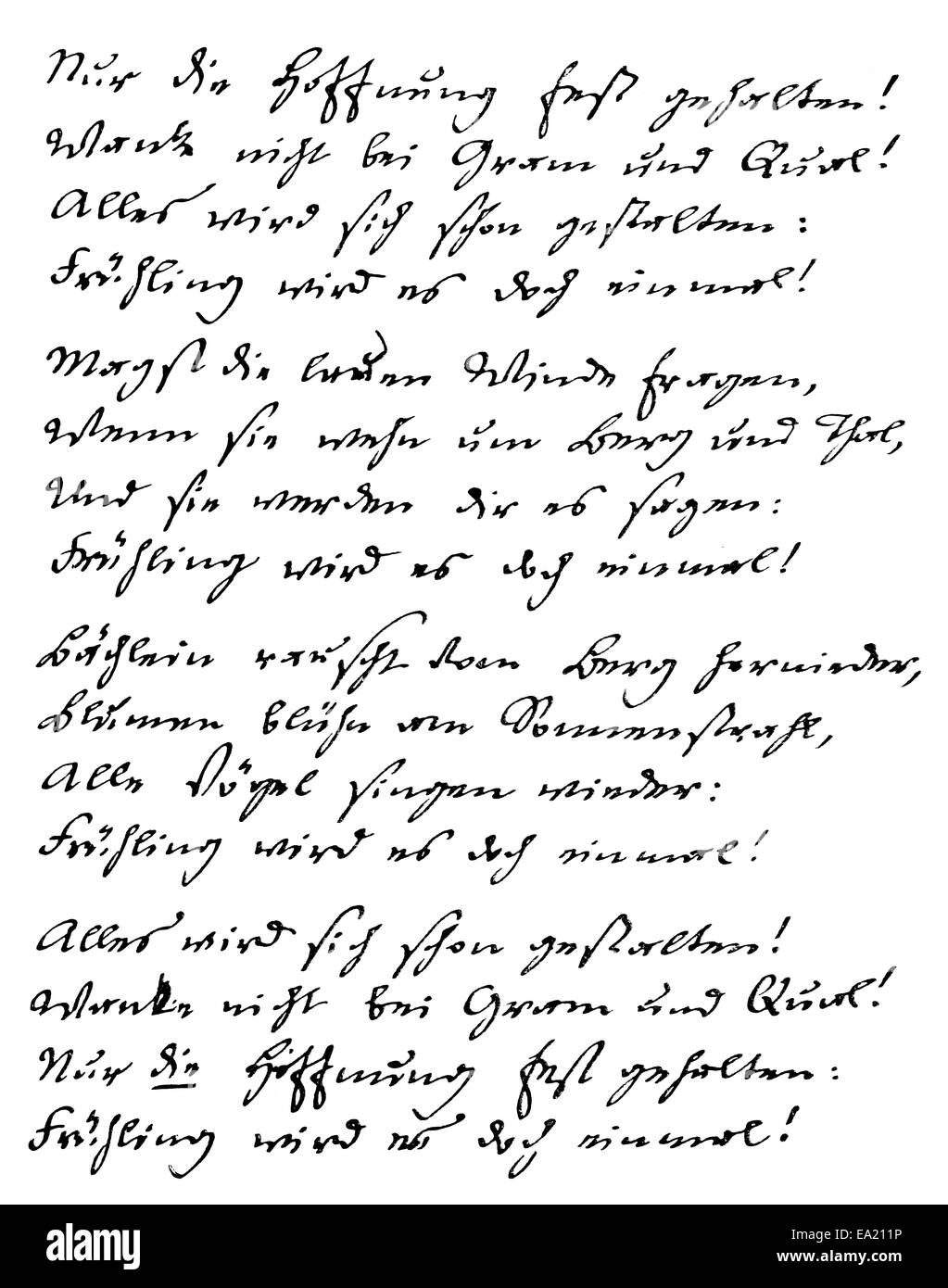 Manoscritto storico, poesia di August Heinrich Hoffmann o Hoffmann von Fallersleben, 1798 - 1874, un tedesco di docente universitario ho Foto Stock