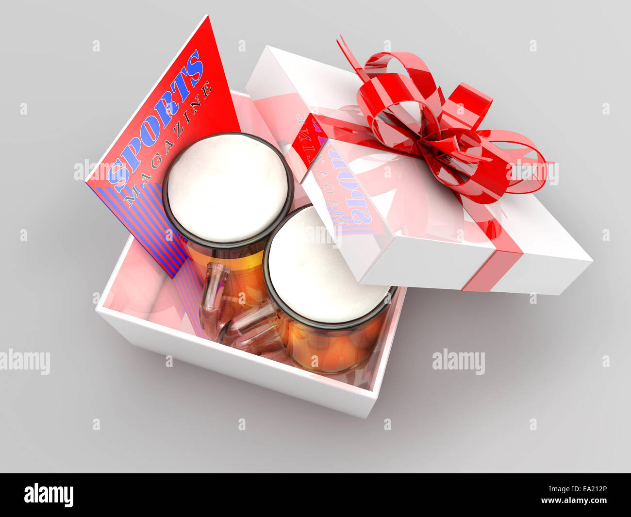 3d illustrazione della confezione regalo con boccali da birra e sport magazine, concetto per la festa di laurea, vacanza divertente presenta per gli uomini. Foto Stock