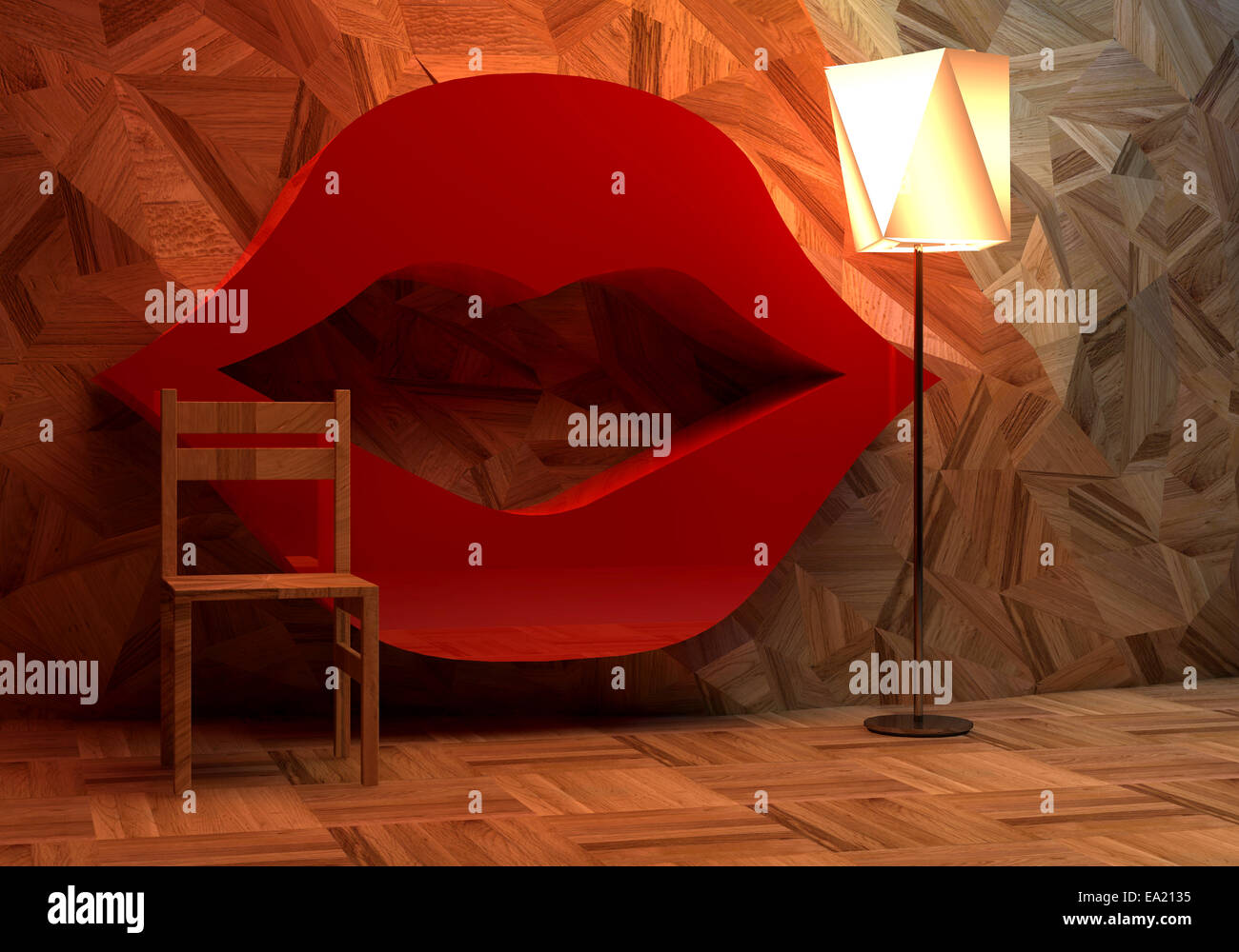 3d illustrazione di scaffale in forma di labbra, una lampada e una sedia Foto Stock