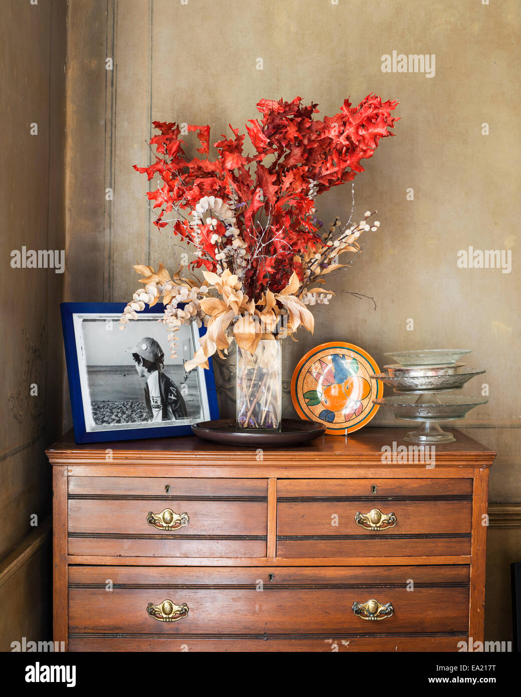 Fiori secchi e una foto di famiglia sul legno vecchio cassettiera Foto Stock