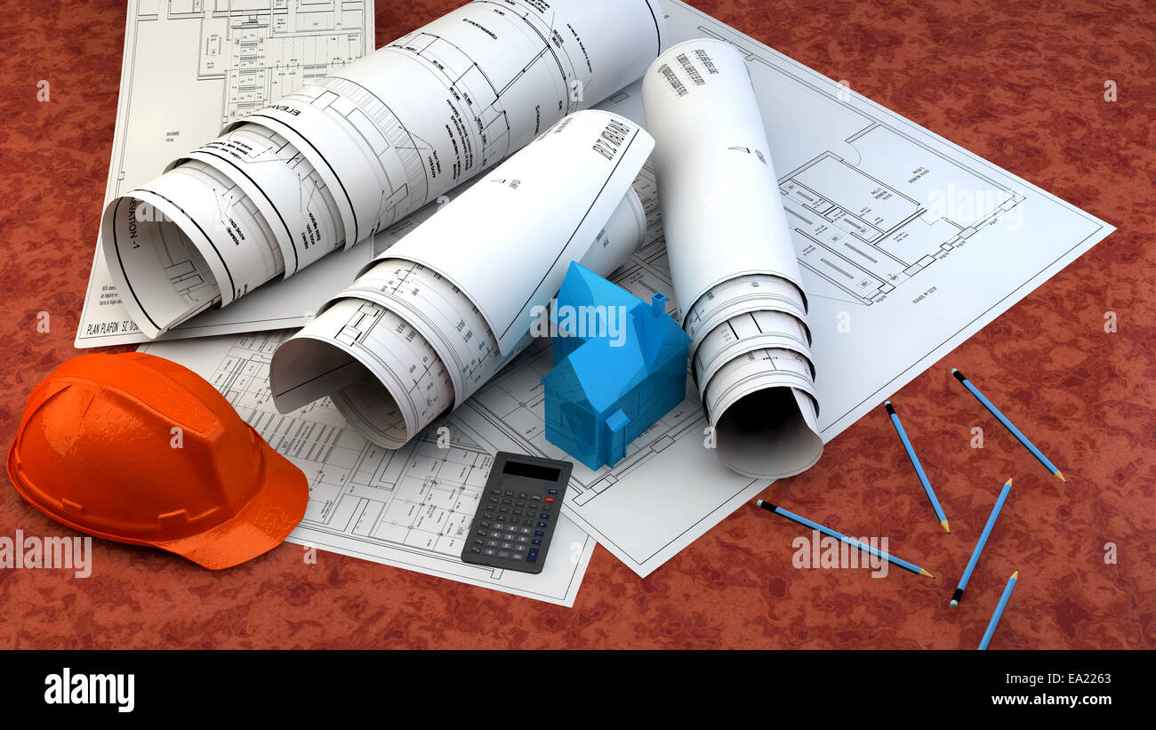 3d illustrazione di blueprint, casa del modello e di attrezzature da costruzione. Foto Stock