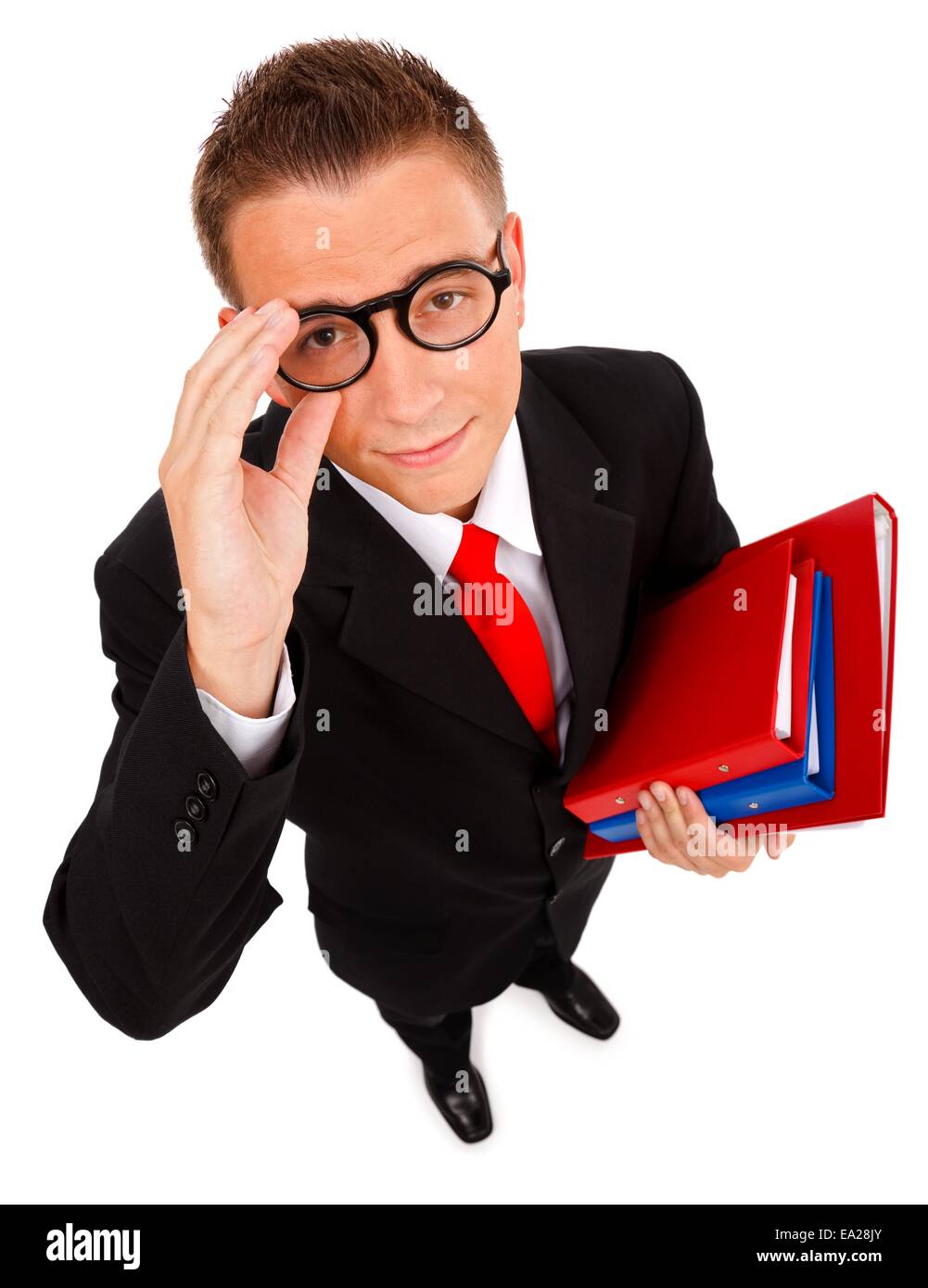 Vista dall'alto di un giovane uomo di affari, studente o insegnante con le cartelle in mano, con gli occhiali Foto Stock