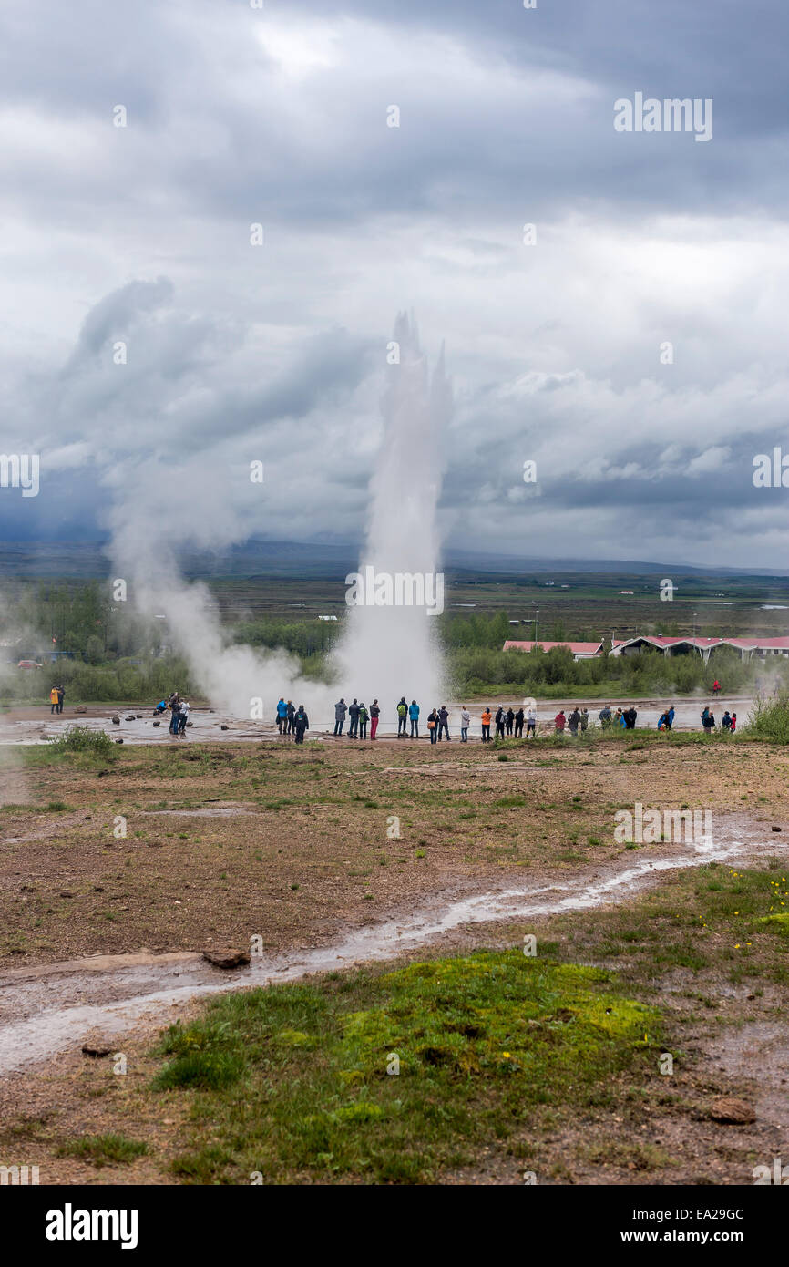 Strokkur islandese per 'La Churn' è un geyser nella regione geotermica accanto al fiume Hvítá in Islanda Foto Stock